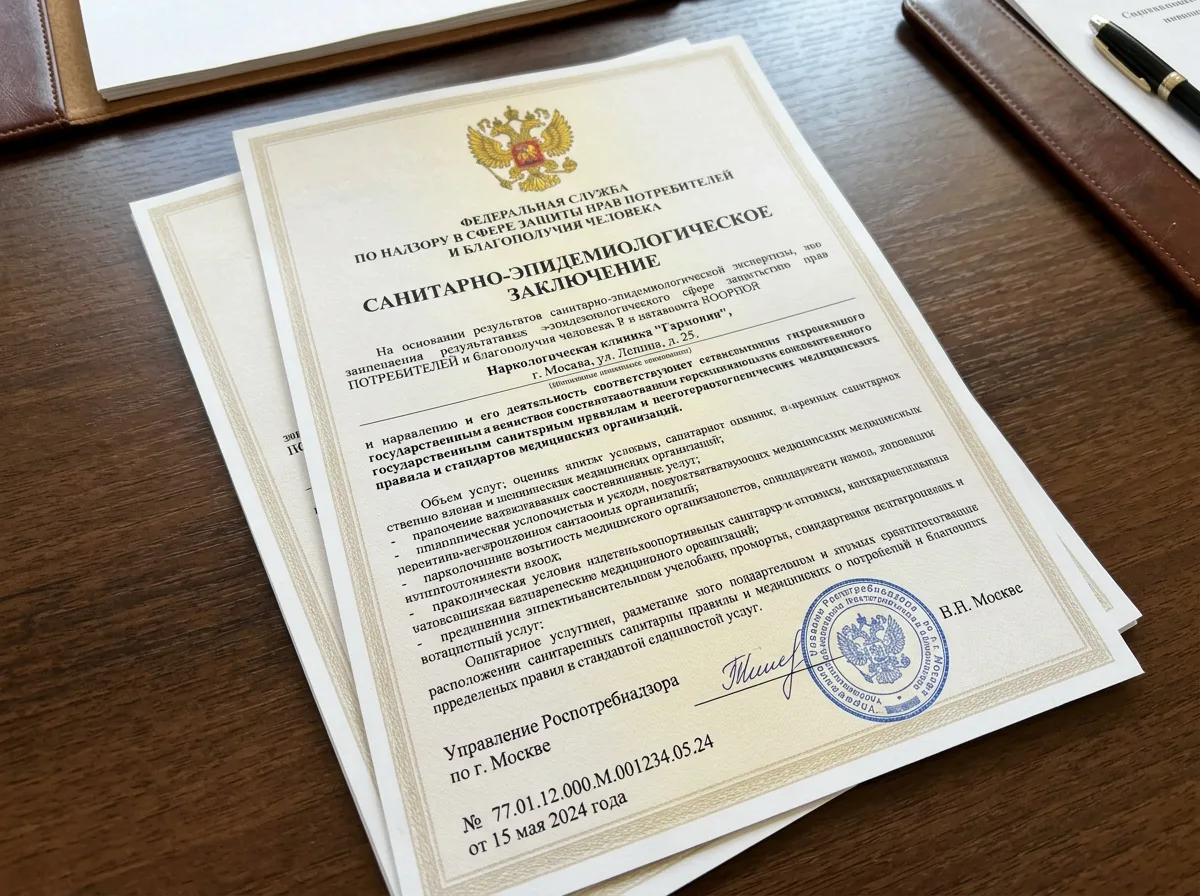 Санитарно-эпидемиологическое заключение Роспотребнадзора для наркологической клиники, официальный документ с гербом России