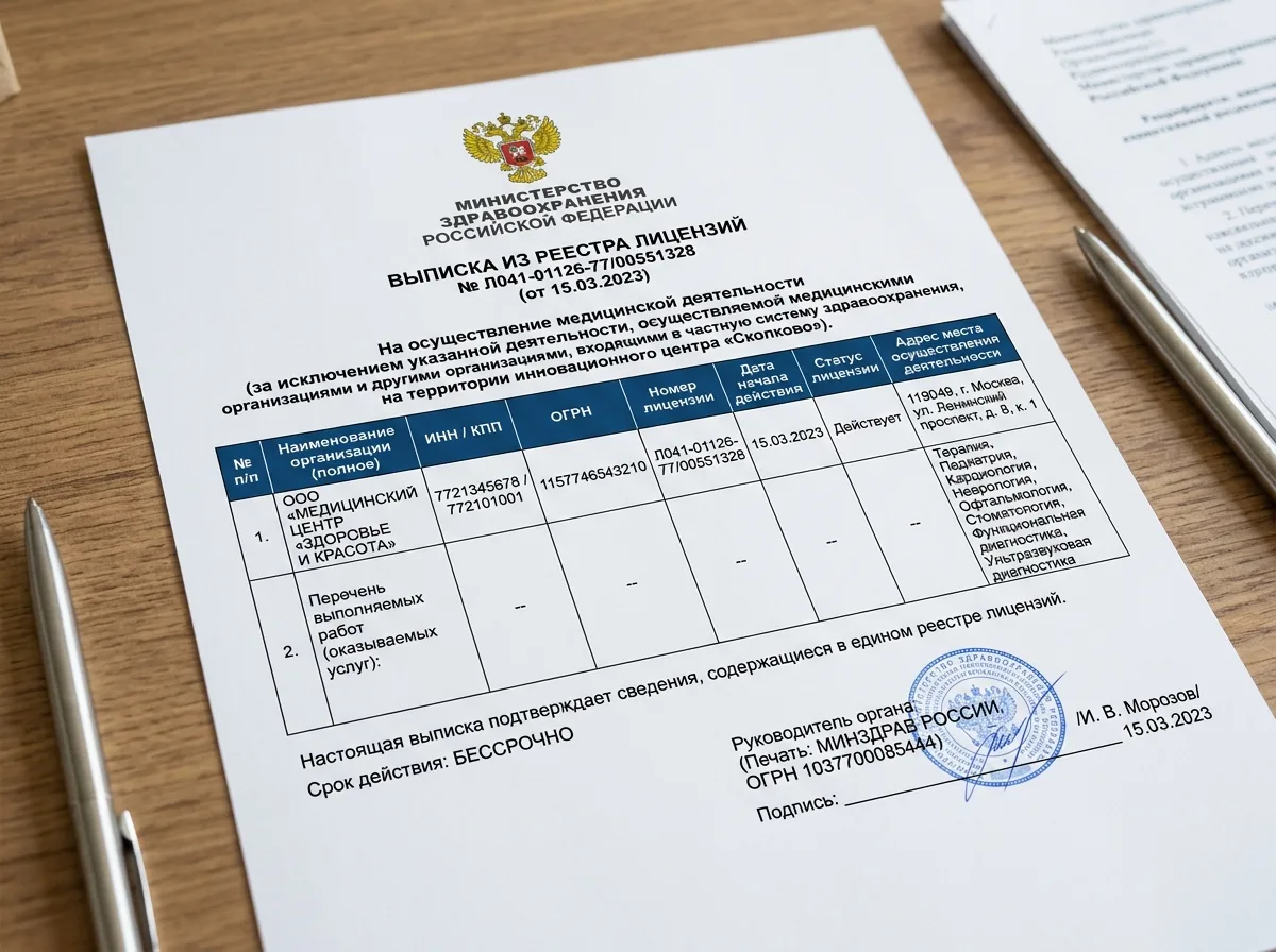 Выписка из реестра лицензий Министерства здравоохранения России на оказание медицинских услуг, таблица с данными организации